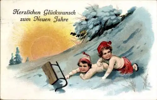 Ak Glückwunsch Neujahr, Kinder, Schlitten, Schnee