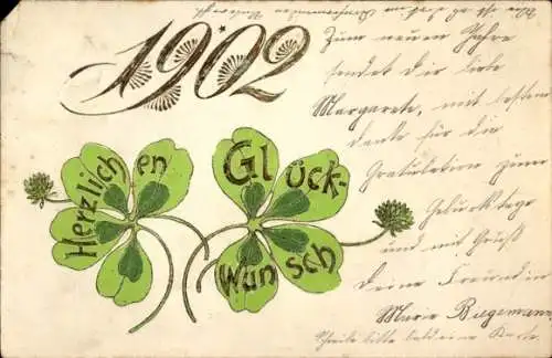 Präge Ak Fröhliches Neujahr, Jahreszahl 1902, Kleeblätter