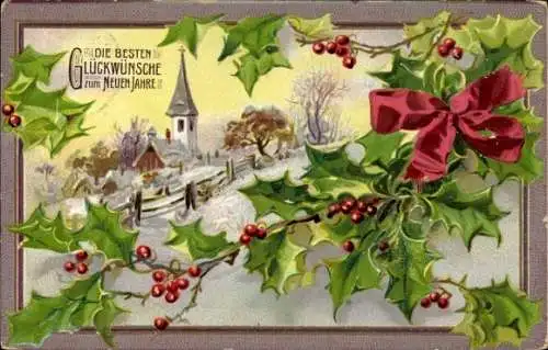 Ak Glückwunsch Neujahr, Stechpalme, Kirche