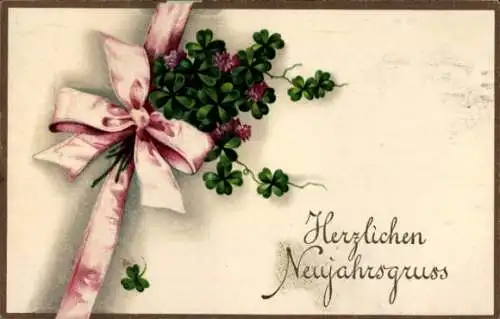 Präge Ak Fröhliches Neujahr, Kleeblätter, Schleifenband