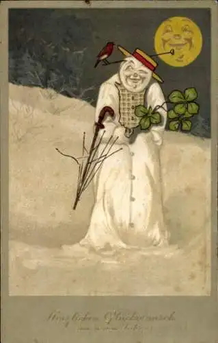 Ak Fröhliches Neujahr, Schneemann, Kleeblätter, Mondgesicht