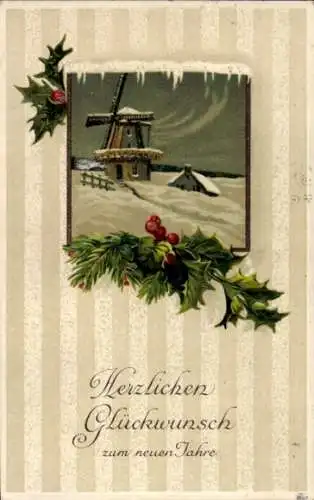 Passepartout Ak Fröhliches Neujahr, verschneite Windmühle, Stechpalmenzweige