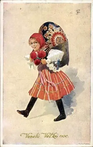 Künstler Ak Simunek, K., Glückwunsch Ostern, Mädchen in Tracht, Osterei