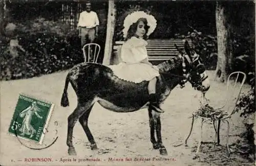 Ak Robinson Hauts de Seine, Après la promenade, Mädchen reitet auf Esel