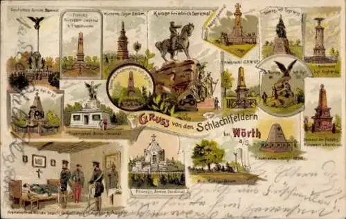Litho Wœrth sur Sauer Woerth Wörth an der Sauer Elsass Bas Rhin, Schlachten-Denkmäler
