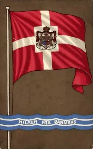 Ak Dänemark, Dänische Flagge mit Wappen