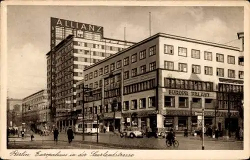 Ak Berlin Kreuzberg, Europahaus in der Saarlandstraße, Europa-Palast, Allianz, Straßenbahn