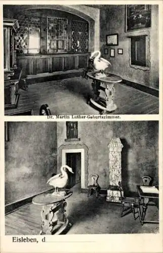 Ak Lutherstadt Eisleben, Dr. Martin Luther-Geburtszimmer, Innenansicht, Tisch mit Schwan, hist...