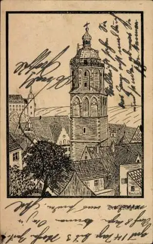 Ak Meißen an der Elbe, Turm, Häuserlandschaft, Bäume, Zeichnungsstil, handschriftlicher Text