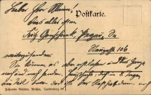 Ak Meißen an der Elbe, Turm, Häuserlandschaft, Bäume, Zeichnungsstil, handschriftlicher Text