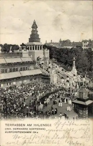 Ak Berlin Wilmersdorf Halensee, Lunapark, Terrassen am Halensee, Menschen auf Terrasse, histor...