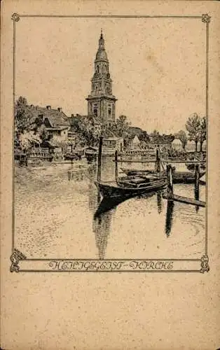 Ak Potsdam Sanssouci, Heiliggeist-Kirche, Wasserweg, Boote, Gebäude
