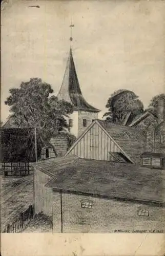 Ak Scheeßel in Niedersachsen, Handzeichnung, Kirchturm, Bäume, Dachlandschaft, W. Heuser 1825