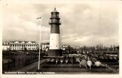 Ak Nordseebad Büsum, Leuchtturm, Nordsee, Hafengebiet, historische Architektur, Boote