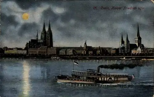 Mondschein Ak Köln am Rhein, Kaiser Friedrich Ufer bei Nacht, Raddampfer