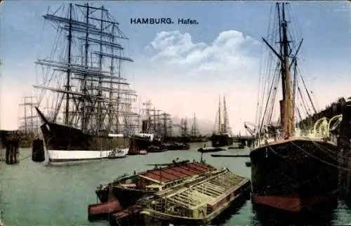 Ak Hamburg, Hafen mit Segelschiffen