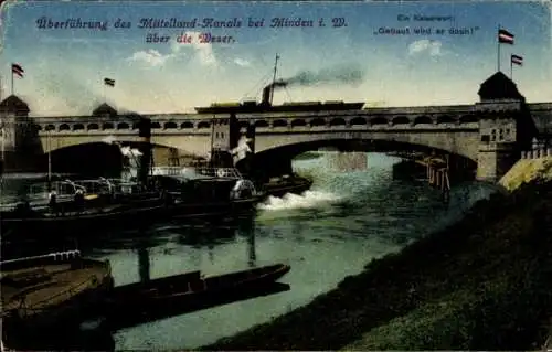 Ak Minden in Westfalen, Mittelland-Kanalbrücke, im Vordergrund Schiffe, Wasser, Landschaft