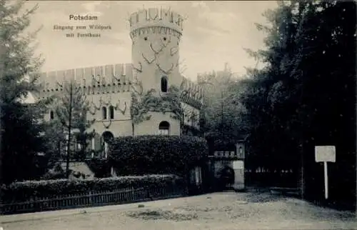 Ak Wildpark Potsdam in Brandenburg, Eingang zum Wildpark mit Forsthaus, historische Architektu...