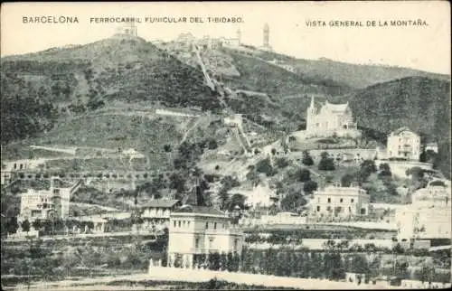 Ak Vallvidrera Barcelona Katalonien Spanien, Blick auf Tibidabo, Funicular, Häuser und Berge