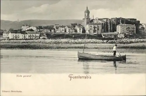 Ak Hondarribia Fuenterrabia Baskenland, Ansicht des Ortes  Boot auf dem Wasser, Gebäude im Hin...