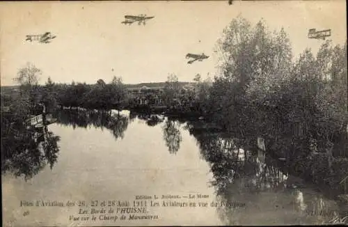 CPA Fetes d'Aviation 1911, Aviateurs, Bords de l'Huisne, Champ de Manoeuvres