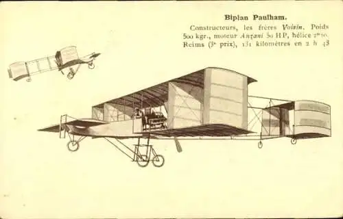Ak Biplan Voisin, Pilotes Rougier, Madame de Laroche, Gobron, Metrot