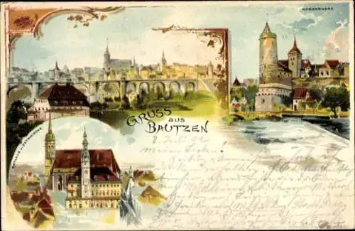 Litho Bautzen in der Oberlausitz, Gesamtansicht, Wasserwerk, Rathaus, Petrikirche
