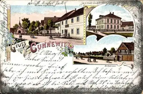 Litho Cunnewitz Ralbitz Rosenthal Oberlausitz, Straße nach Ralbitz, Schule, Dorfstraße