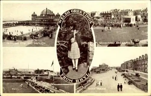 Ak Rhyl Wales, Schwimmbad, Pavillon, Bandstand, Gärten, West Parade