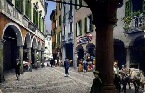 Ak Lugano Kanton Tessin Schweiz, Straßenansicht, historische Architektur, Menschen, Pferde, Bäume