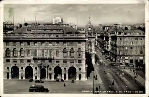 Ak Genova Genua Liguria, Palazzo Shell, Via XX Settembre, historische Architektur, Straßenansi...