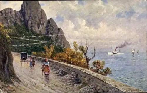 Ak Capri Neapel Campania, Landschaft mit Wanderern, Küstenweg, Dampfschiff, Berge