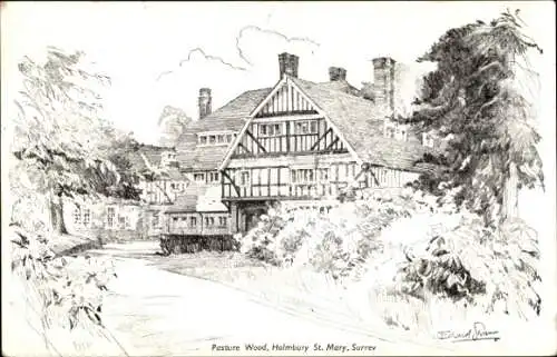 Ak Holmbury Saint Mary Surrey England, Pasture Wood, elegantes Fachwerkhaus, idyllische Landsc...