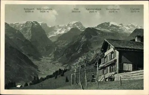 Ak Braunwald Kanton Glarus, Berglandschaft mit mehreren Gipfeln, Fachwerkhaus, Holzstuhl