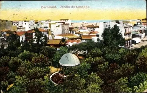 Ak Port Said Ägypten, Blick auf  Jardin de Lesseps, Gebäude, Meer