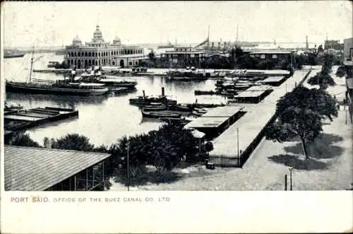 Ak Port Said Ägypten, Hafenansicht, Suezkanal Büro, Boote, Gebäude, Pflanzen