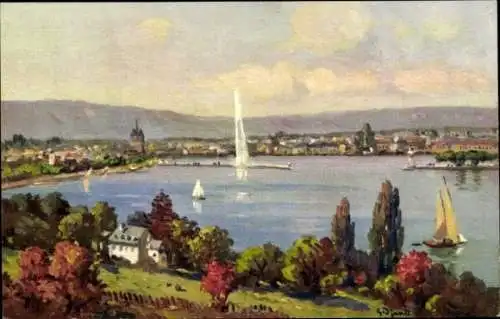 Ak Genf Stadt Schweiz, Landschaft mit See, Segelbooten, Berge im Hintergrund, Stadtsilhouette