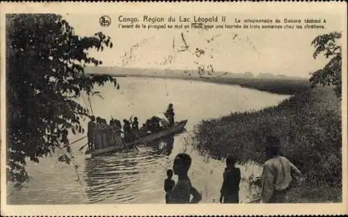Ak Pool Malebo Stanleypool DR Kongo Zaire, Boot auf dem Fluss, Missionar in der Pirogue, Regio...