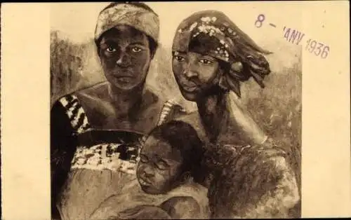 Ak Kisangani Stanleyville DR Kongo Zaire, Drei Frauen, eine mit Kind, künstlerische Darstellun...
