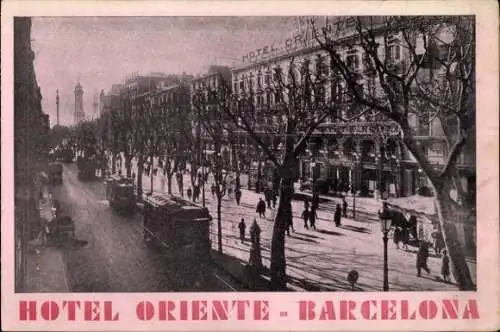 Ak Barcelona Katalonien Spanien, Plaza de Cataluña, Plaça de Catalunya, Hotel Oriente, Straßen...