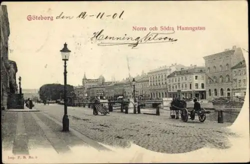 Ak Göteborg Schweden, Vorderansicht mit Straßenansicht, Laterne, Gebäuden, Kutschen
