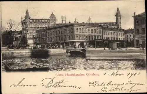 Ak Göteborg Schweden, Südlicher Hafenkanal, historische Gebäude, Wasserweg, Bootsansicht