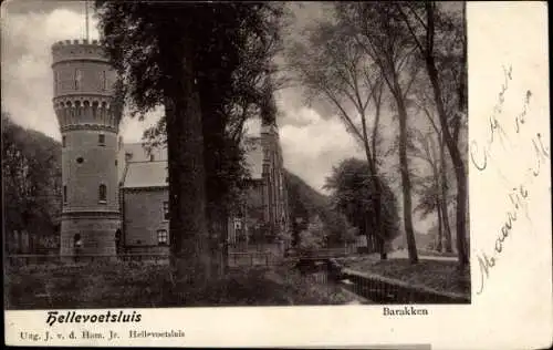 Ak Hellevoetsluis Südholland, Tower, Gebäude, Wasserlauf, Bäume, historischer Ort