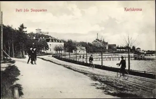 Ak Karlskrona Schweden, Promenade, Radfahrer
