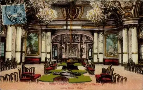 Ak Monte Carlo Monaco, Eleganter Spielsaal, Roulette, prunkvolle Ausstattung, großer Raum, kunstv