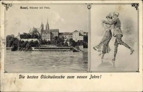 Ak Bâle Basel Stadt Schweiz, Münster mit Pfalz, Tanzende Menschen Glückwunsch Neujahr