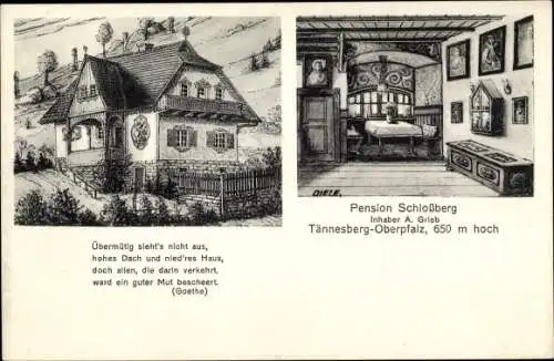 Ak Tännesberg in der Oberpfalz, Pension Schloßberg, Diele, Übermutig sieht's nicht aus... Goethe