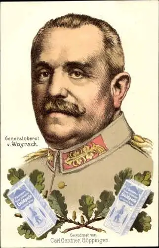Ak Generalfeldmarschall Remus von Woyrsch, Portrait, Dr. Gentner's Seifenpulver Goldperle