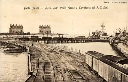 Ak Bahia Blanca Argentinien, Puerto Ing White, Muelle y Elevadores del F. C. Sud