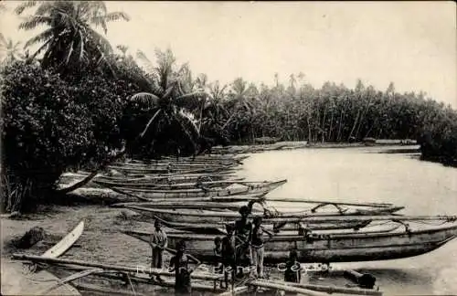 Ak Ceylon Sri Lanka, Boote am Ufer, Palmen, Fischer, ruhige Landschaft, Wasser